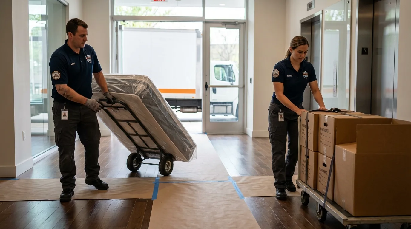 Professional apartment movers loading elevator in Hawesville, KY
